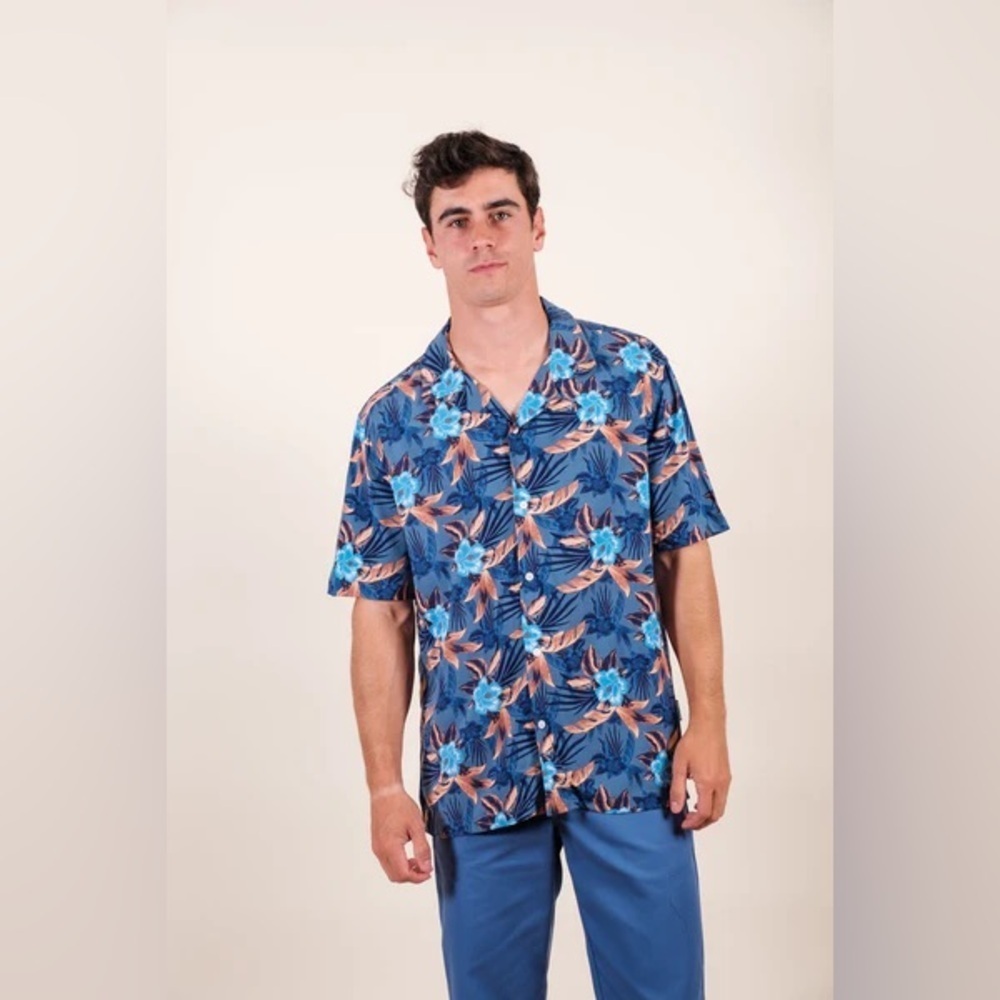 Brooklyn Cloth Blue Orange Floral Rayon Button-Up Shirt Men's Medium